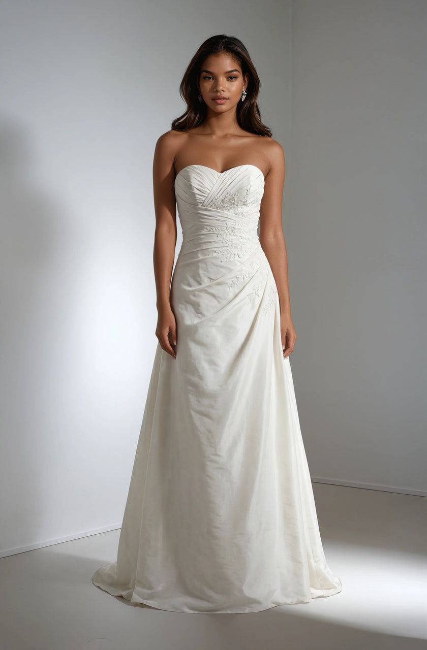 James Clifford Strapless Wedding Gown with Ruched Satin & Beaded Lace Detail