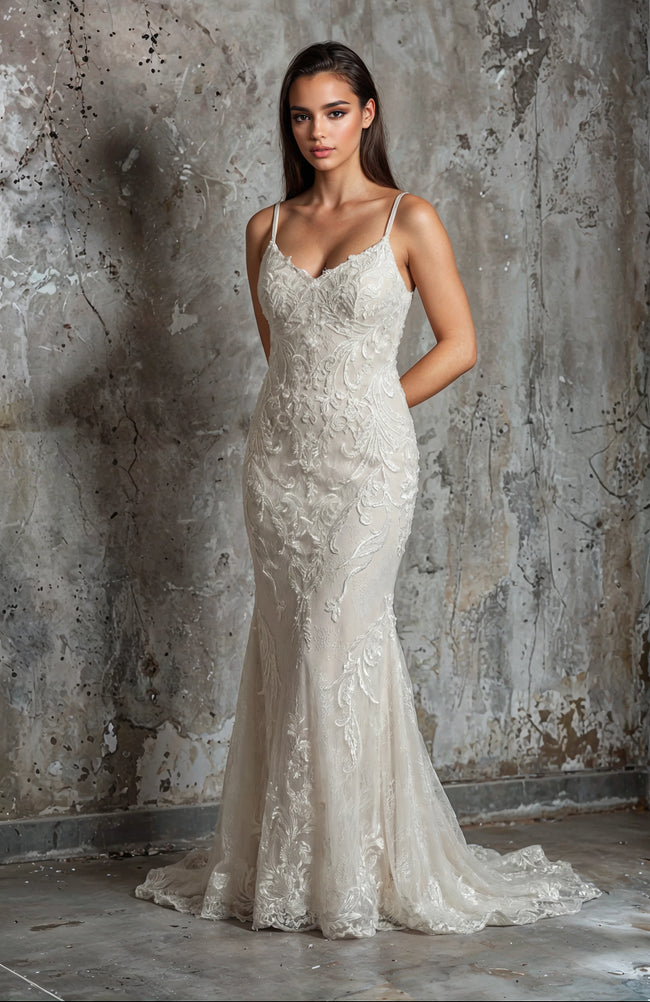 Elysee Neytiri Embroidered Lace Fit-and-Flare Wedding Gown with Illusion Train