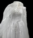 Off-the-Shoulder Lace Wedding Gown with Floral Appliqué Neckline & Illusion Sleeves