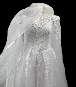 Off-the-Shoulder Lace Wedding Gown with Floral Appliqué Neckline & Illusion Sleeves