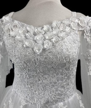 Off-the-Shoulder Lace Wedding Gown with Floral Appliqué Neckline & Illusion Sleeves