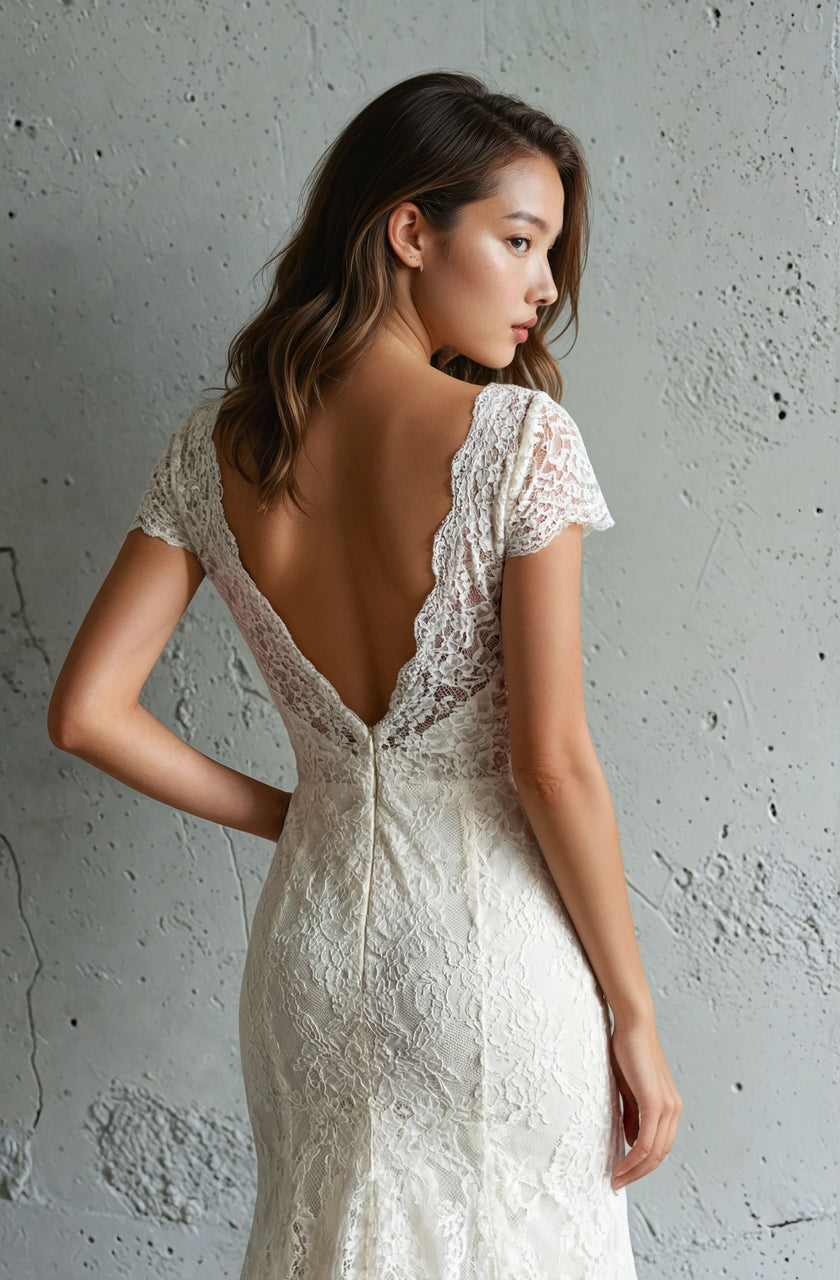 Marys Lace Wedding Dress with Sleeves & Train – Elegant Fitted Bridal Gown