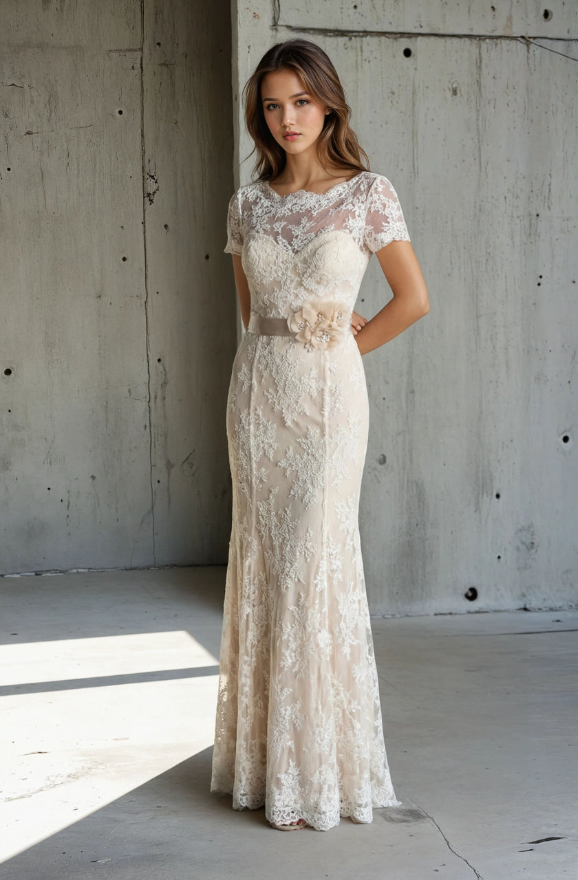Marys Lace Wedding Dress with Sleeves & Train – Elegant Fitted Bridal Gown