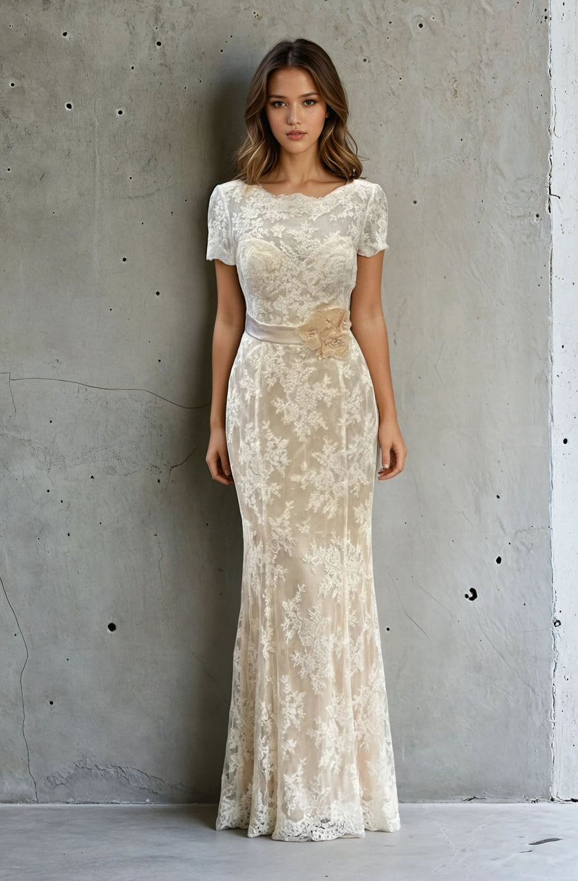 Marys Lace Wedding Dress with Sleeves & Train – Elegant Fitted Bridal Gown
