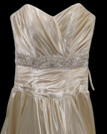 Morilee Strapless Satin Wedding Gown with Beaded Waist & Button Back