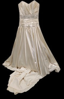 Morilee Strapless Satin Wedding Gown with Beaded Waist & Button Back