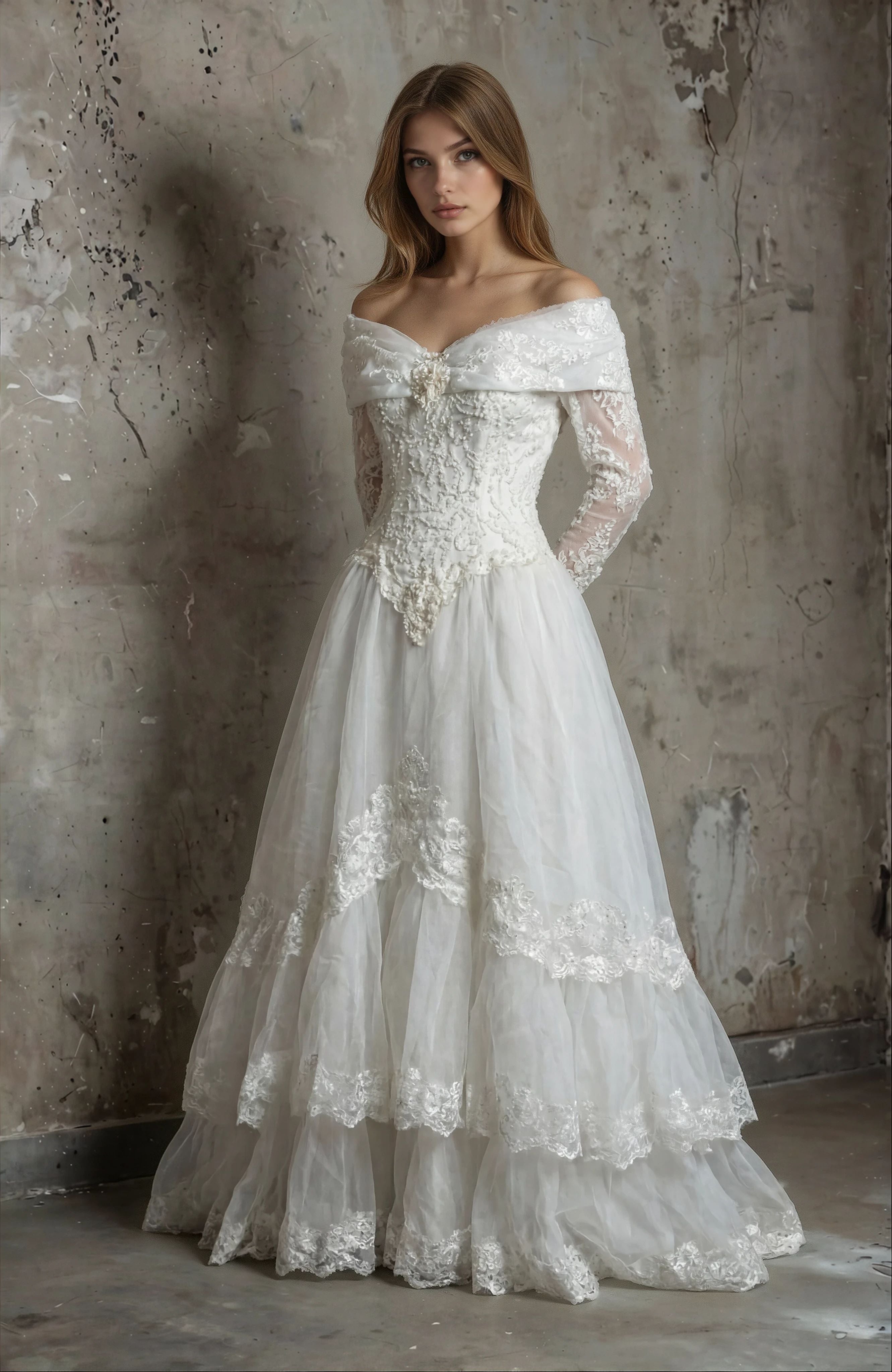Vintage 1980s–1990s Victorian Revival Lace Wedding Gown