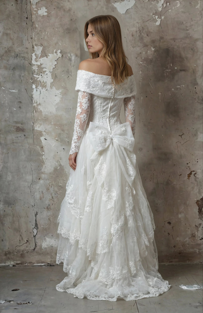 Vintage 1980s–1990s Victorian Revival Lace Wedding Gown