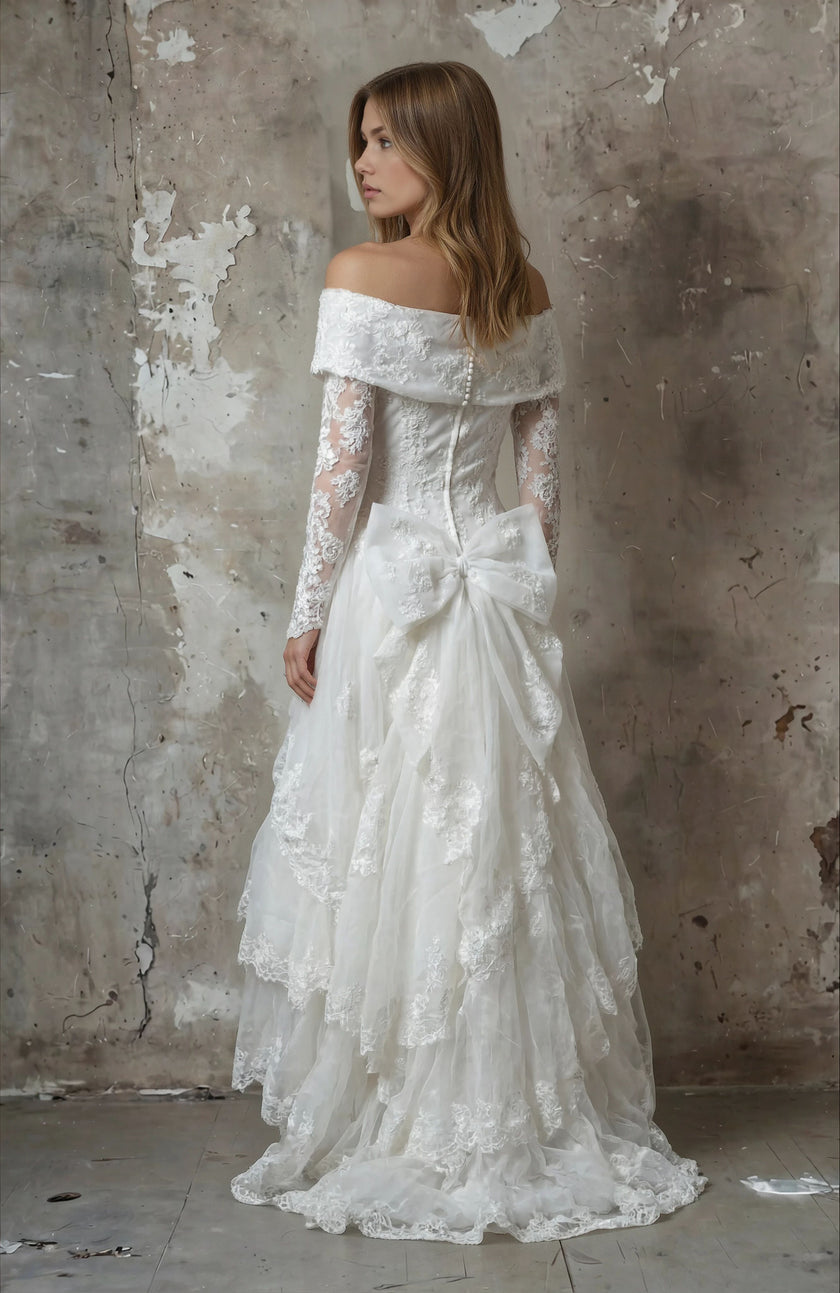 Vintage 1980s–1990s Victorian Revival Lace Wedding Gown