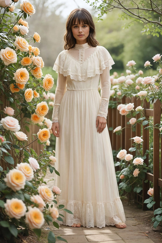 Vintage Gunne Sax Edwardian Wedding Dress | 1980s Jessica McClintock Prairie Bridal Gown | Lace High Neck Cottagecore