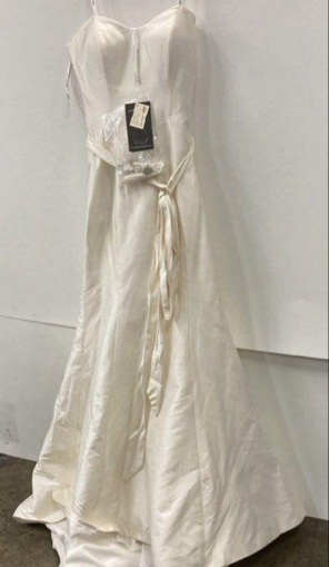 Justin Alexander Strapless Satin Wedding Gown with Button Back – Style 8562 (Size 10)