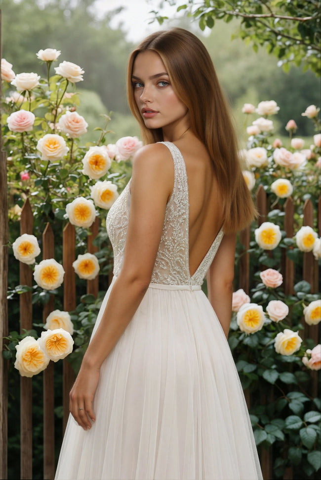 Stella York Beaded Lace & Tulle A-Line Wedding Dress with Deep V Back