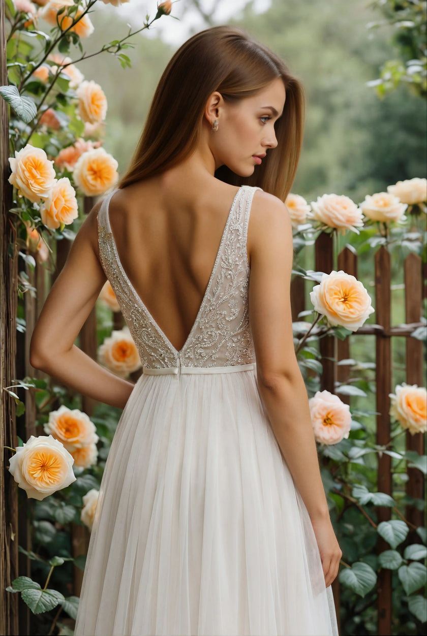 Stella York Beaded Lace & Tulle A-Line Wedding Dress with Deep V Back