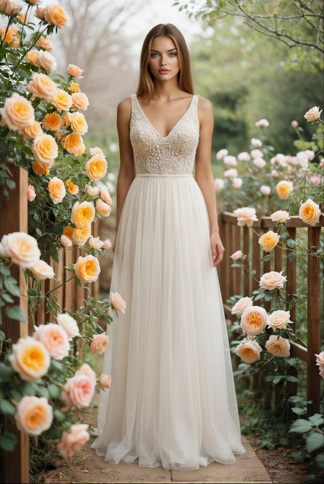 Stella York Beaded Lace & Tulle A-Line Wedding Dress with Deep V Back