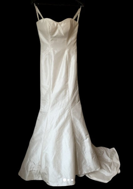 Justin Alexander Strapless Satin Wedding Gown with Button Back – Style 8562 (Size 10)