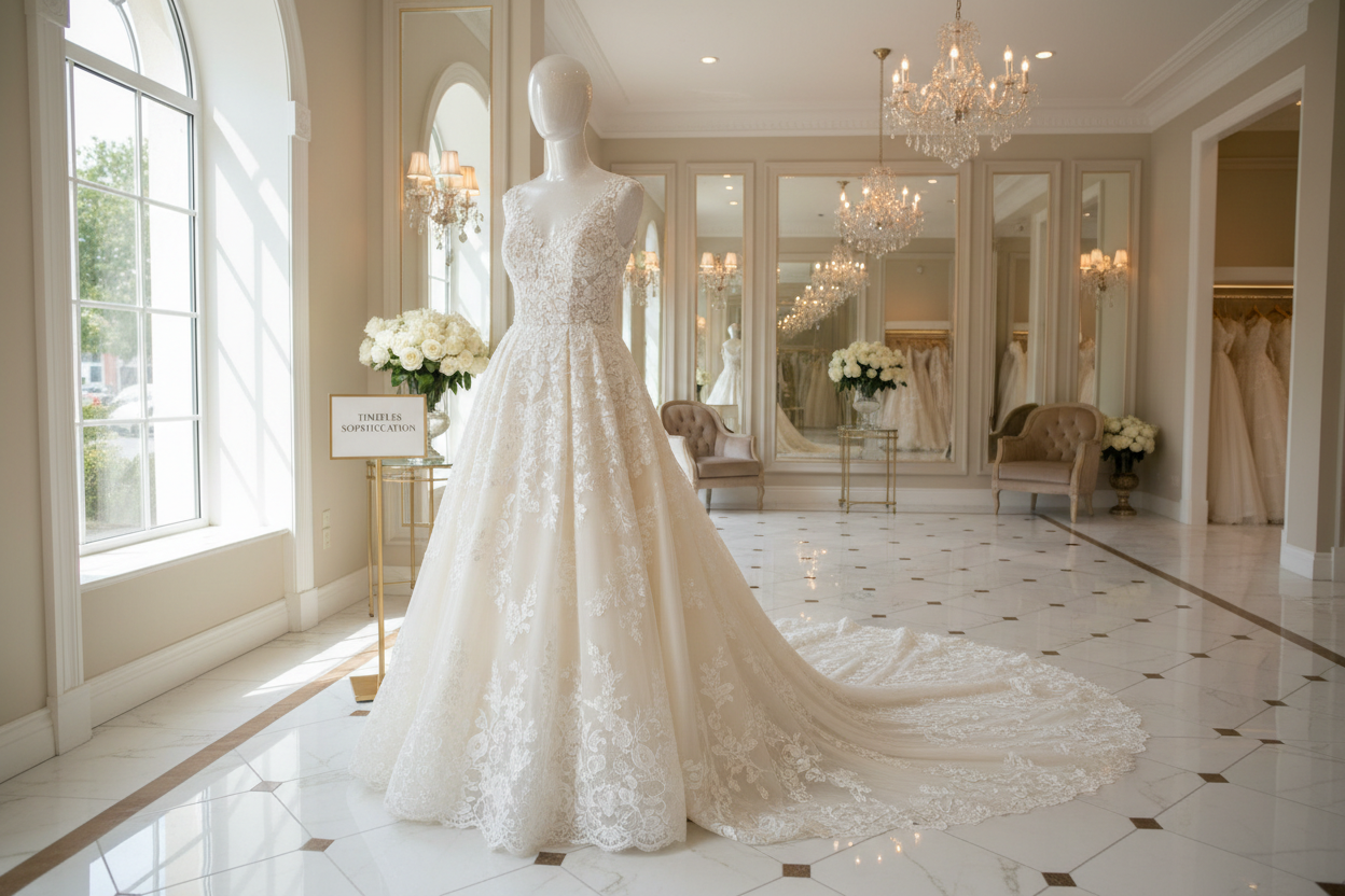 Experience Everlasting Elegance — a curated collection of distinguished bridal gowns, each selected for its impeccable craftsmanship and enduring beauty. These gowns have graced a celebration once before and have been preserved with the utmost care, ready to become part of your own unforgettable day.

The featured A-line design, adorned with delicate lace appliqués and a sweeping, elegant train, reflects the elevated artistry and timeless sophistication that define this exclusive collection.